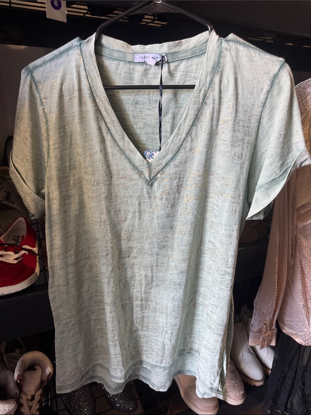 Tempo Paris Sage Metallic V-Neck Short Sleeve Tee